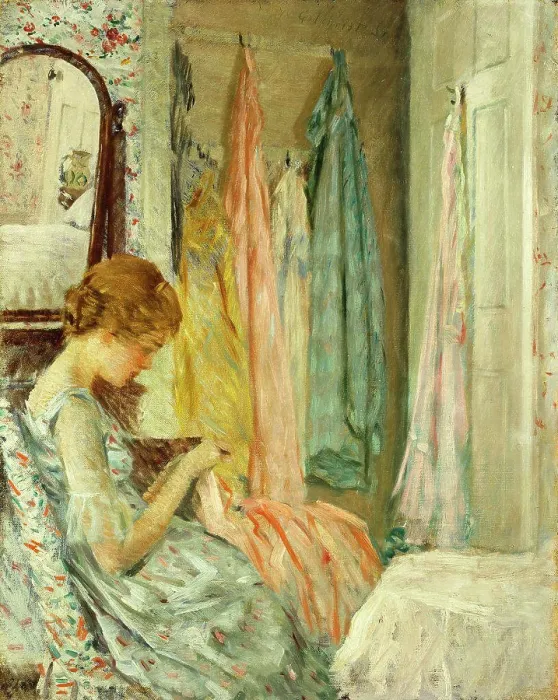 Framed Print : In her Boudoir. William Wallace Gilchrist (1879-1926). Oil on canvas. Signed and dated 1918. 60.9 x 48.3cm Framed Print : In her Boudoir. William Wallace Gilchrist (1879-1926). Oil on canvas. Signed and dated 1918. 60.9 x 48.3cm