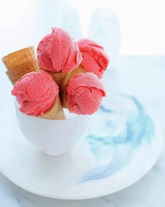 Framed Print : Bowl of ice cream cones filled with strawberry ice cream