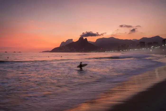 Framed Print : Brazil, Rio de Janeiro, Beach and sea waves at sunset Framed Print : Brazil, Rio de Janeiro, Beach and sea waves at sunset