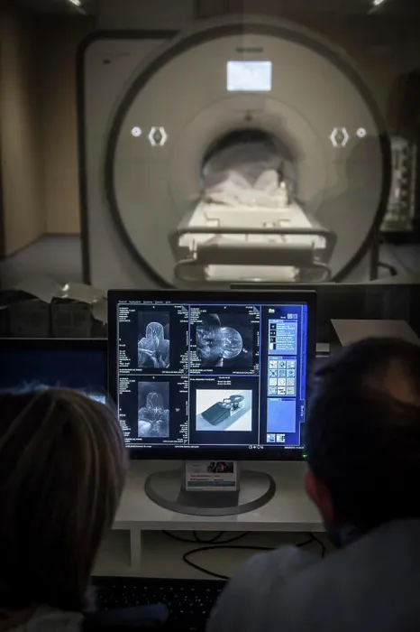 Framed Print : Breast biopsy assisted by MRI, Saint-Louis hospital, Paris, France