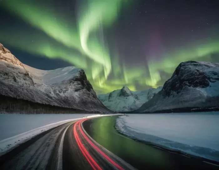 Framed Print : Bright Winter Night In Arctic Norway, Traffic trails at the fjor