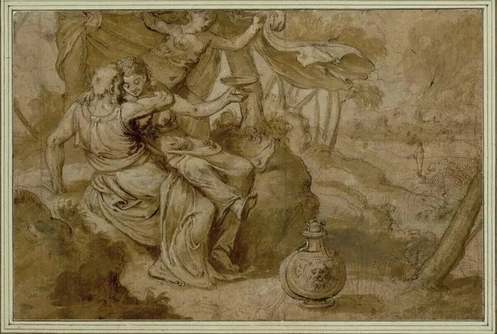 Framed Print : Brown ink drawing by Frans Floris depicting Loth with his daughters, enhanced with white highlights Framed Print : Brown ink drawing by Frans Floris depicting Loth with his daughters, enhanced with white highlights