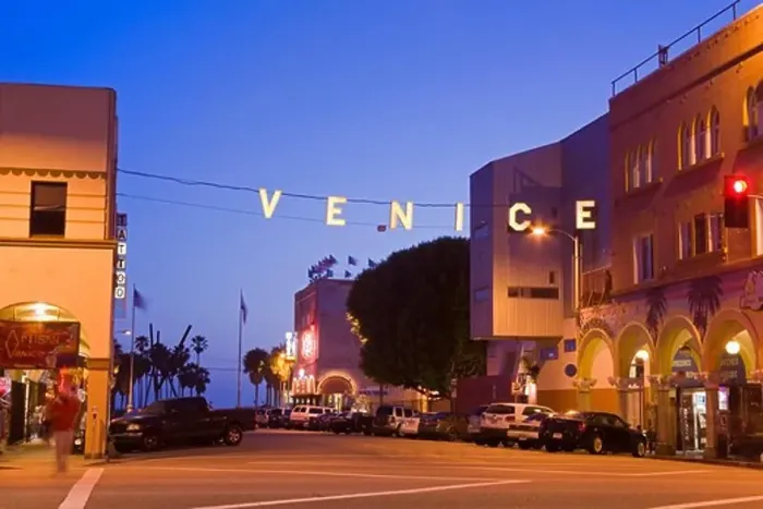 Framed Print : Buildings lit up at night, Venice Beach, Los Angeles, California, USA Framed Print : Buildings lit up at night, Venice Beach, Los Angeles, California, USA