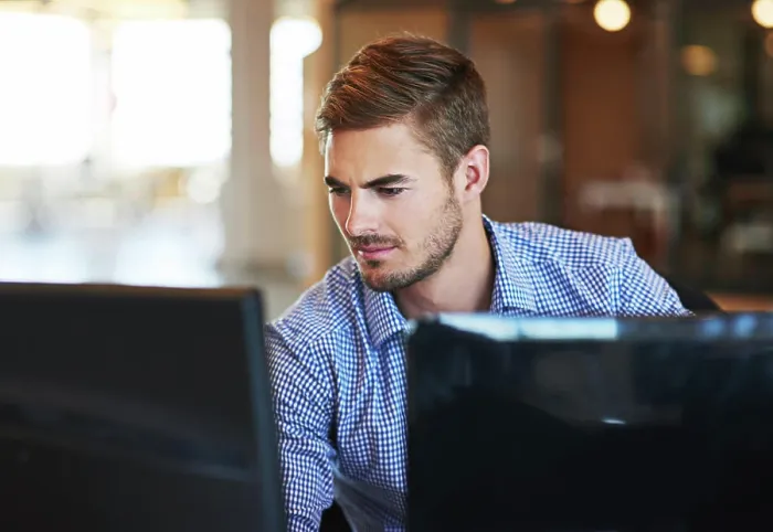 Framed Print : Business man, confused and working in information technology