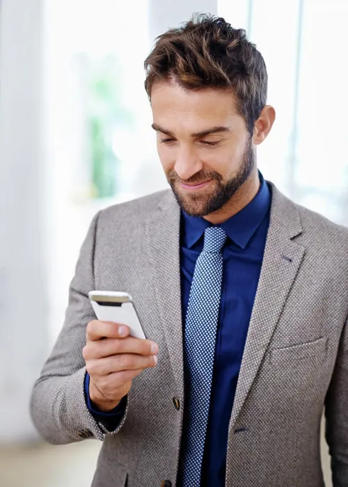 Framed Print : Business man, phone and typing an email in office Framed Print : Business man, phone and typing an email in office