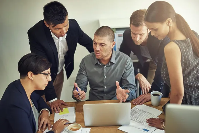 Framed Print : Business meeting, laptop and people or manager in group discussion Framed Print : Business meeting, laptop and people or manager in group discussion