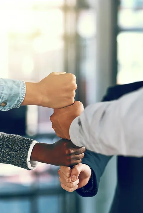 Framed Print : Business people, fist and stack in office for teamwork