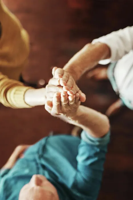 Framed Print : Business people, hands together and high five with team above for unity
