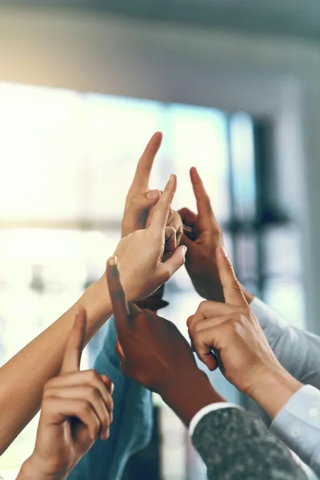 Framed Print : Business people, hands and question session in office