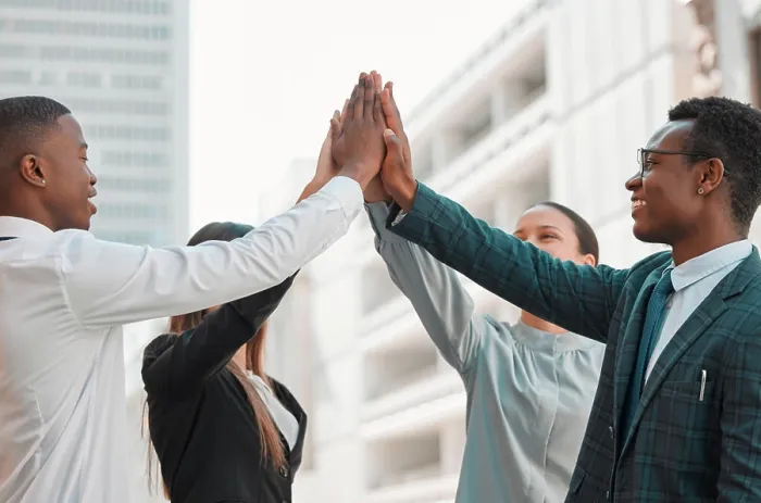Framed Print : Business, people and happy with high five for support with teamwork Framed Print : Business, people and happy with high five for support with teamwork