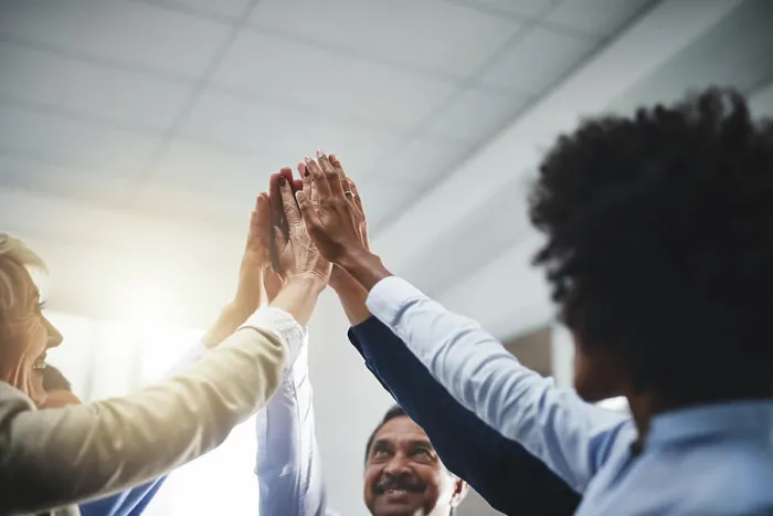 Framed Print : Business people, high five or hands together for success Framed Print : Business people, high five or hands together for success