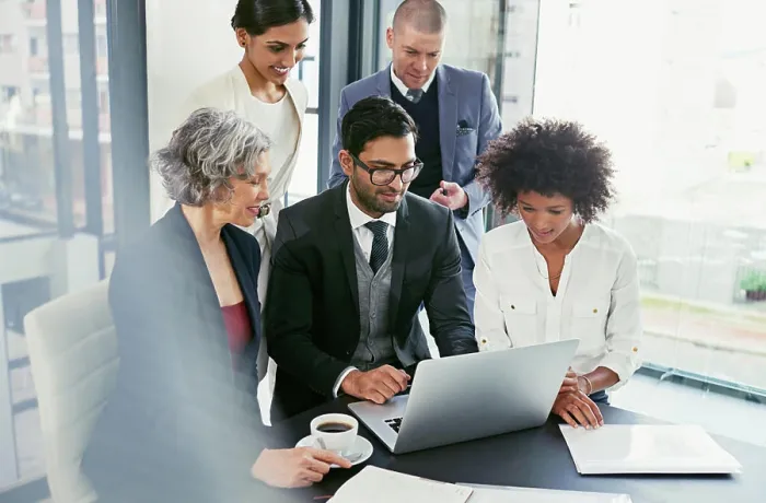 Framed Print : Business people, meeting or laptop with manager for project planning or development at corporate office