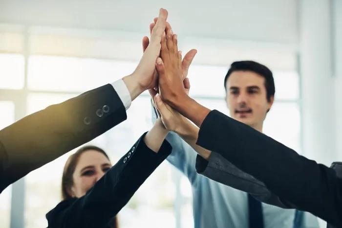 Framed Print : Business people, teamwork and high five for success Framed Print : Business people, teamwork and high five for success