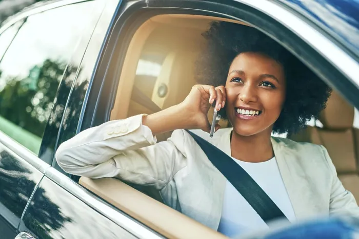 Framed Print : Business, woman and drive with phone call in car for network Framed Print : Business, woman and drive with phone call in car for network