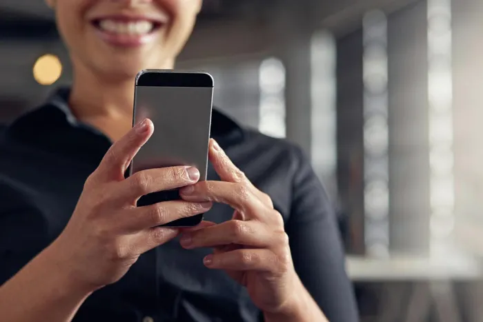 Framed Print : Business woman, hands and phone in office for public relations email or press release update