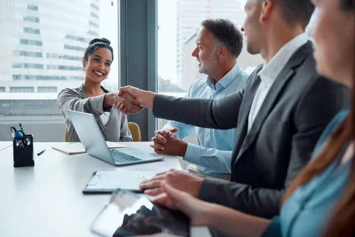 Framed Print : Business woman, handshake and partnership meeting for b2b interview Framed Print : Business woman, handshake and partnership meeting for b2b interview