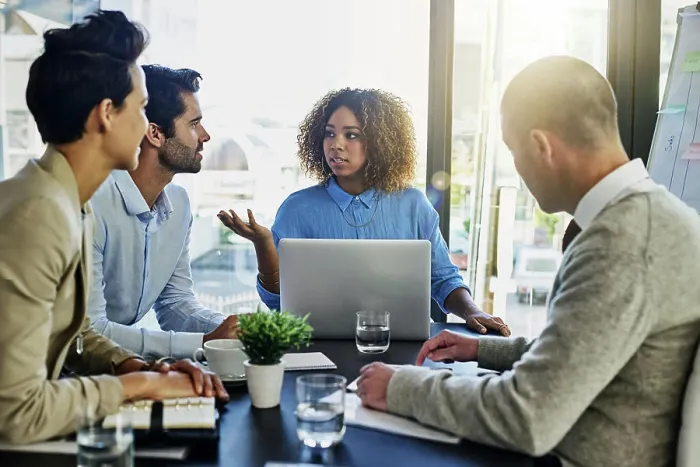 Framed Print : Business woman, laptop and coaching with team in meeting Framed Print : Business woman, laptop and coaching with team in meeting