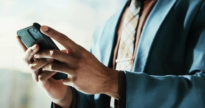 Framed Print : Businessman, cellphone and hands with typing as network Framed Print : Businessman, cellphone and hands with typing as network