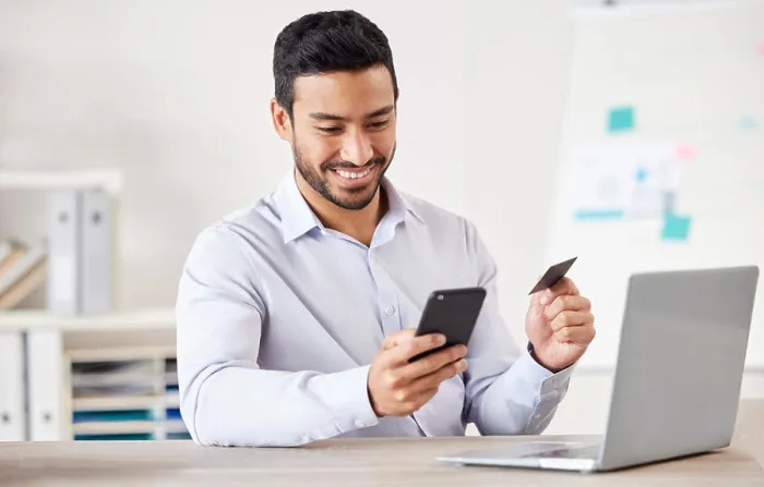 Framed Print : Businessman, credit card and phone for payment in office with internet for online shopping subscription