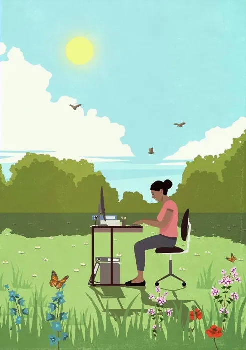Framed Print : Businesswoman working at desk in sunny, idyllic springtime meadow Framed Print : Businesswoman working at desk in sunny, idyllic springtime meadow