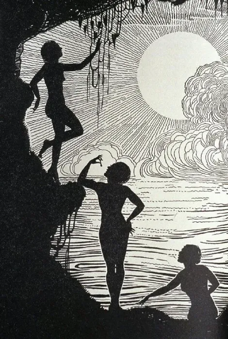 Framed Print : c.1930 Don Blanding painting in black and white of silhouette of women standing by ocean Framed Print : c.1930 Don Blanding painting in black and white of silhouette of women standing by ocean