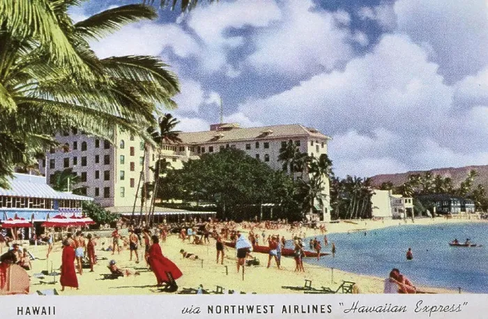 Framed Print : c.1960 Hawaii, Oahu, Northwest Airlines postcard, tourists enjoying Waikiki beach, Moana Hotel Framed Print : c.1960 Hawaii, Oahu, Northwest Airlines postcard, tourists enjoying Waikiki beach, Moana Hotel