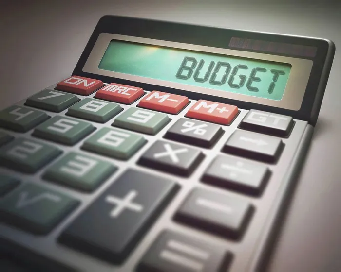 Framed Print : Calculator with the word budget, illustration