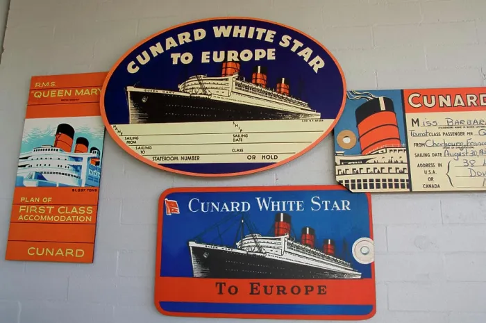 Framed Print : California, Long Beach, Queen Mary. Historic cruise liner now permanently moored in Long Beach. Queen Mary memorabilia