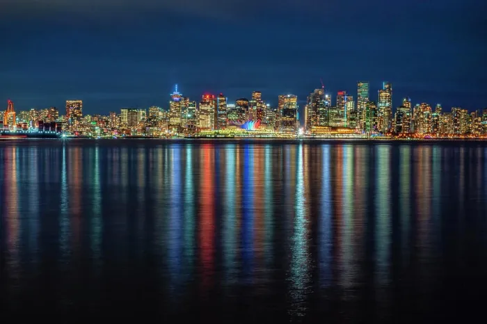 Framed Print : Canada, British Columbia, Vancouver. Downtown reflections in ocean at night Framed Print : Canada, British Columbia, Vancouver. Downtown reflections in ocean at night