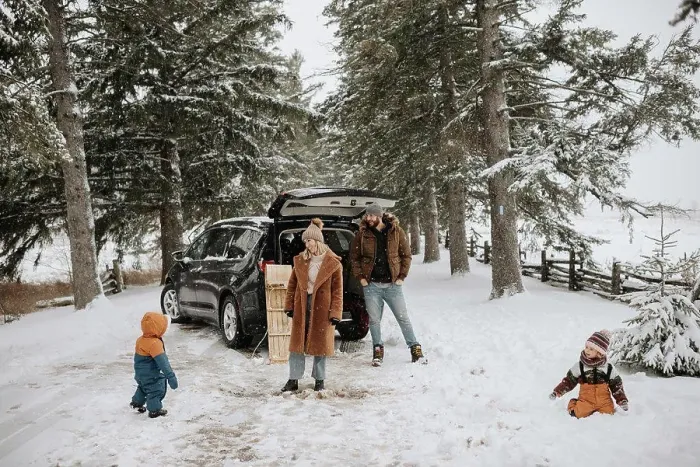 Framed Print : Canada, Ontario, Parents with children next to car Framed Print : Canada, Ontario, Parents with children next to car