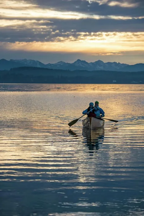 Framed Print : Canoeing, paddling, lake, Canadian, canoeing, duo, sunset, blue hour