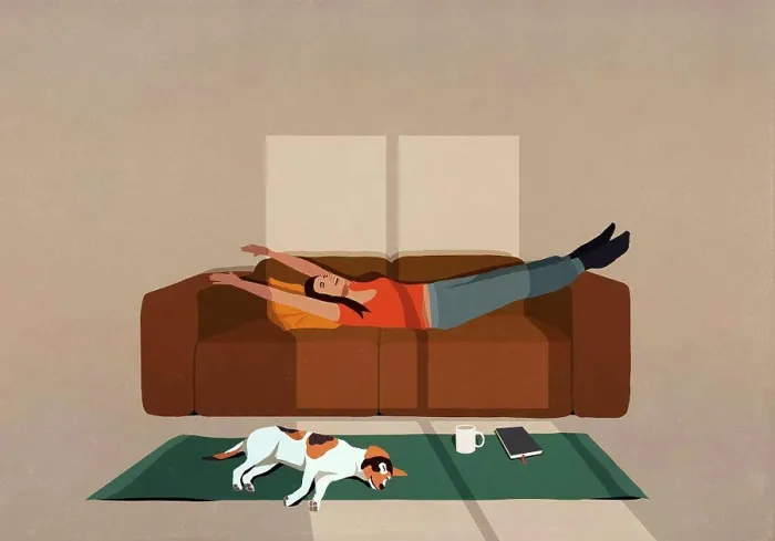 Framed Print : Carefree woman stretching on sofa in sunny living room Framed Print : Carefree woman stretching on sofa in sunny living room