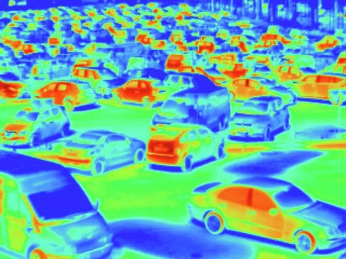 Framed Print : Cars in parking lot, thermal image Framed Print : Cars in parking lot, thermal image