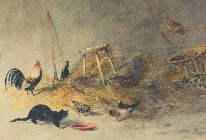 Framed Print : Cat Chickens Newton Limbird Smith Fielding 1799-1856