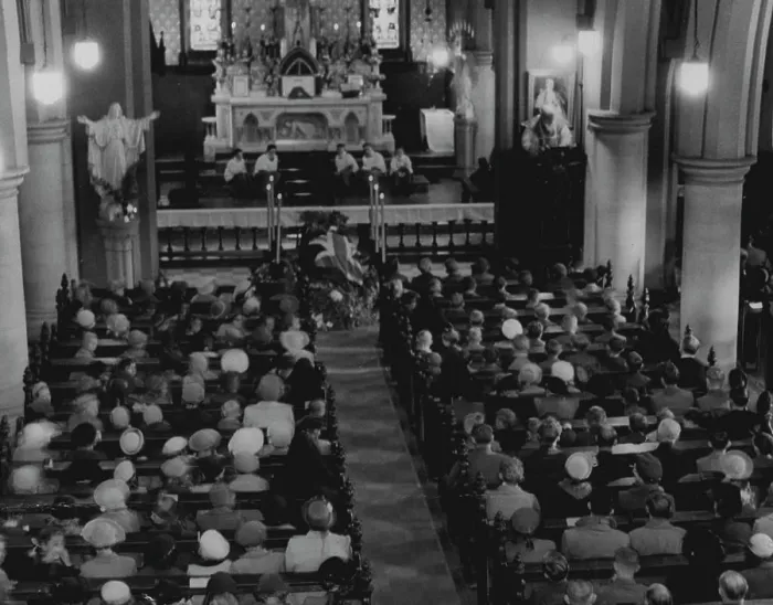 Framed Print : Cathedral service. Mr. Chifley's coffin lies between six flickering candles below the altar Framed Print : Cathedral service. Mr. Chifley's coffin lies between six flickering candles below the altar