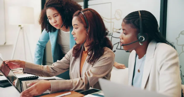 Framed Print : Call center, mentor advice and women with laptop