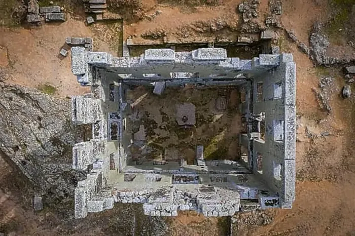 Framed Print : Centum Cellas mysterious ancient tower drone aerial to above view in Belmonte, Portugal, Europe