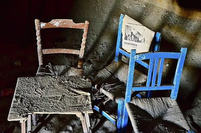 Framed Print : Three chairs, blue chairs, chairs with newspaper, old chairs, Marodes, Andalusia, Spain, Europe Framed Print : Three chairs, blue chairs, chairs with newspaper, old chairs, Marodes, Andalusia, Spain, Europe
