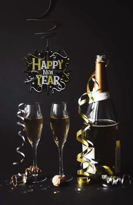 Framed Print : Champagne and Happy New Year sign with black background Framed Print : Champagne and Happy New Year sign with black background