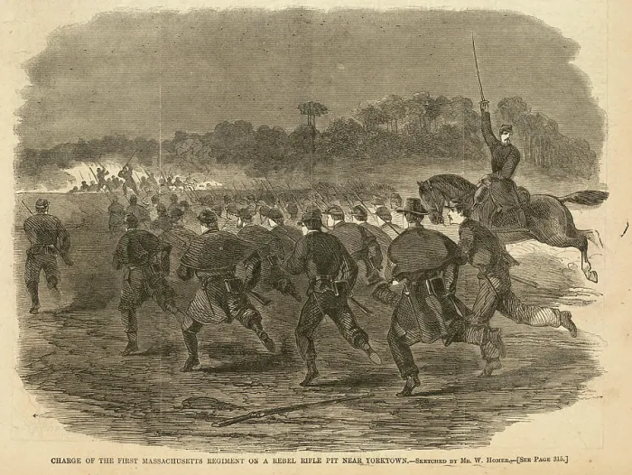 Framed Print : Charge of the First Massachusetts Regiment on a rebel rifle pit near Yorktown Framed Print : Charge of the First Massachusetts Regiment on a rebel rifle pit near Yorktown