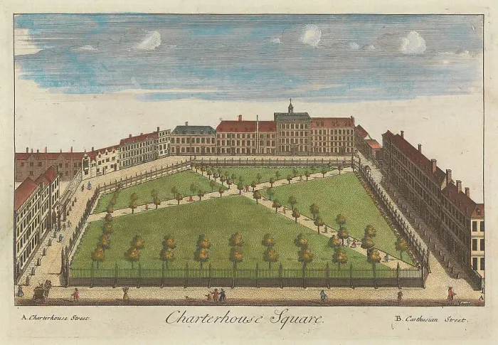 Framed Print : Charterhouse Square Eighteenth Century Hand Colored Engraving Framed Print : Charterhouse Square Eighteenth Century Hand Colored Engraving