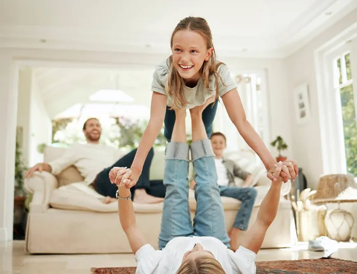 Framed Print : Child, woman and playful lift in living room as parent for happiness Framed Print : Child, woman and playful lift in living room as parent for happiness