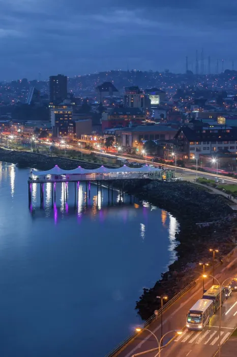 Framed Print : Chile, Los Lagos Region, Puerto Montt, waterfront, elevated view at dusk Framed Print : Chile, Los Lagos Region, Puerto Montt, waterfront, elevated view at dusk