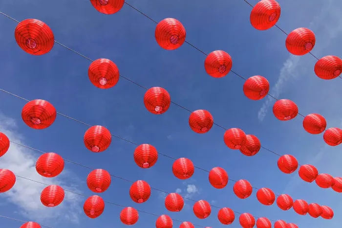 Framed Print : Chinese lanterns against blue sky