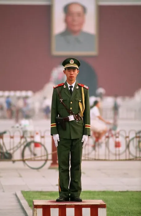 Framed Print : Chinese soldier standing on a platform in Tiananmen Square