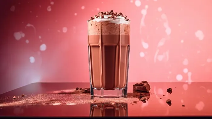 Framed Print : Chocolate milkshake over pink background. Generative AI Framed Print : Chocolate milkshake over pink background. Generative AI