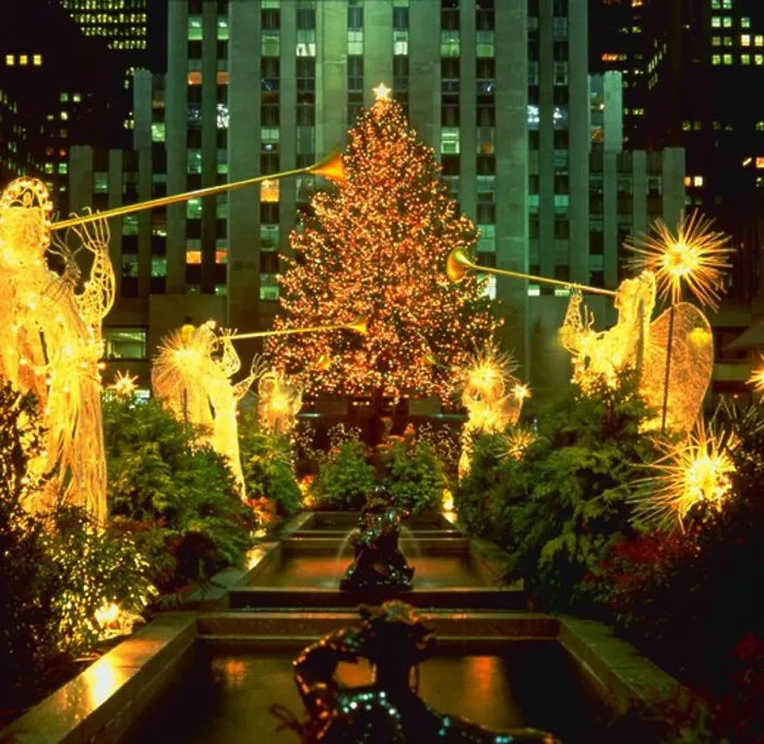 Framed Print : Christmas tree and angel figures at Rockefeller Center at night, New York City Framed Print : Christmas tree and angel figures at Rockefeller Center at night, New York City