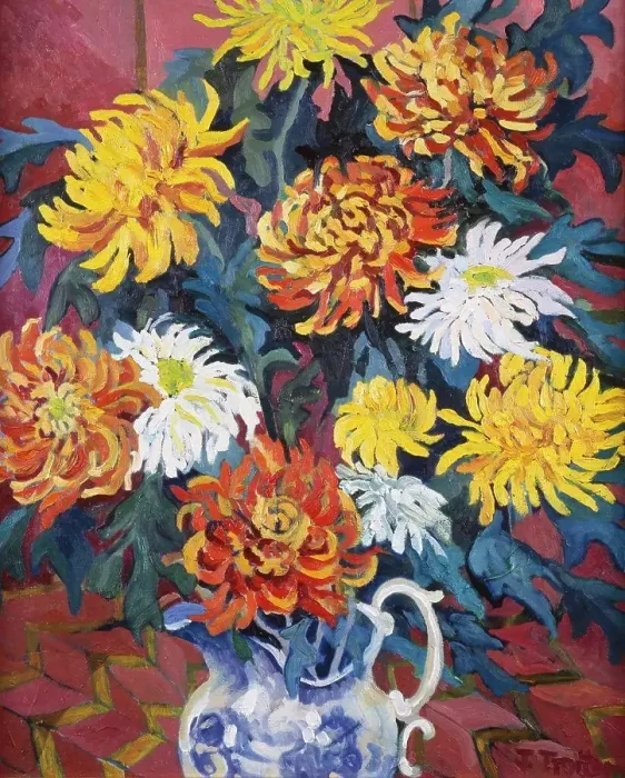 Framed Print : Chrysanthemums (In Blue Jug) 1996 Josephine Trotter (b.1940 / British) Framed Print : Chrysanthemums (In Blue Jug) 1996 Josephine Trotter (b.1940 / British)