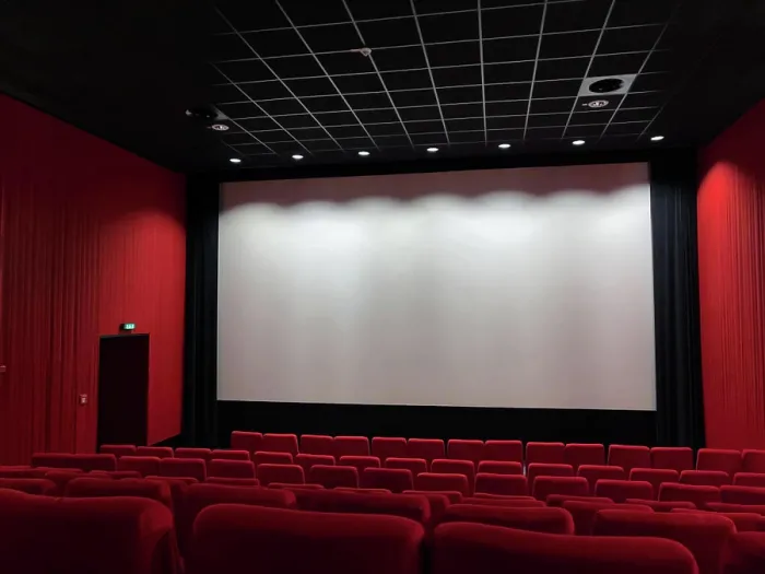 Framed Print : Cinema Screen And Red Seats. Empty Screening Theater Cinema Screen And Red Seats