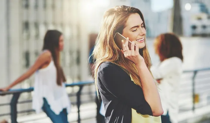 Framed Print : City, woman and smile with phone call for listening Framed Print : City, woman and smile with phone call for listening